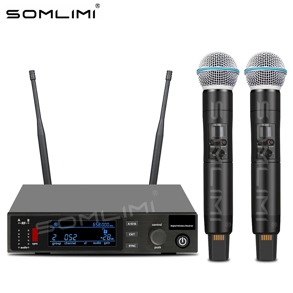 SOMLIMI QSD Professional Wireless Microphone UHF True Diversity 2 Channels Stage Performance Singing Speech Party