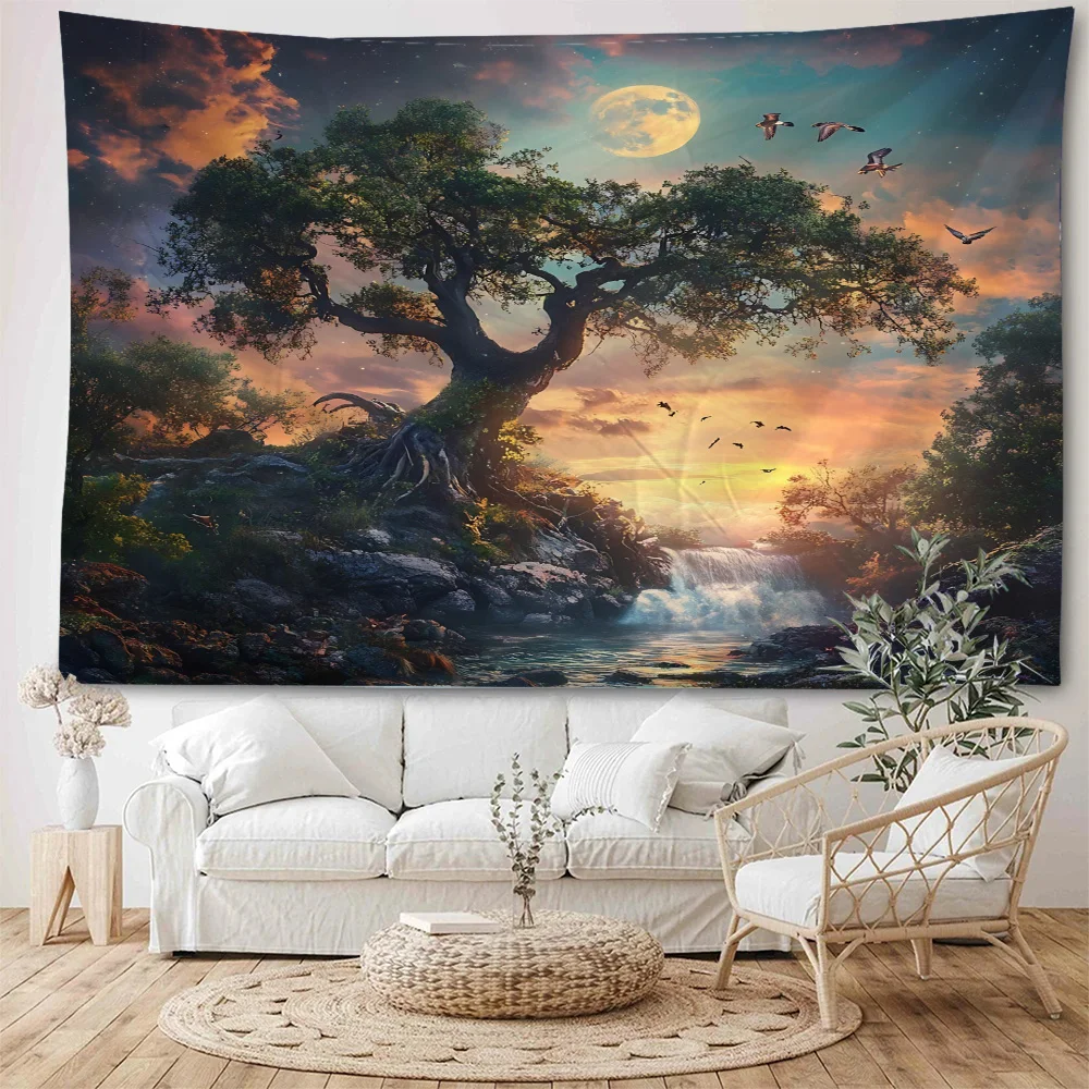 Beautiful Moon, Starry Sky, Large Trees, Rivers, Landscape Decoration, Tapestry, Home Background Decoration, Tapestry