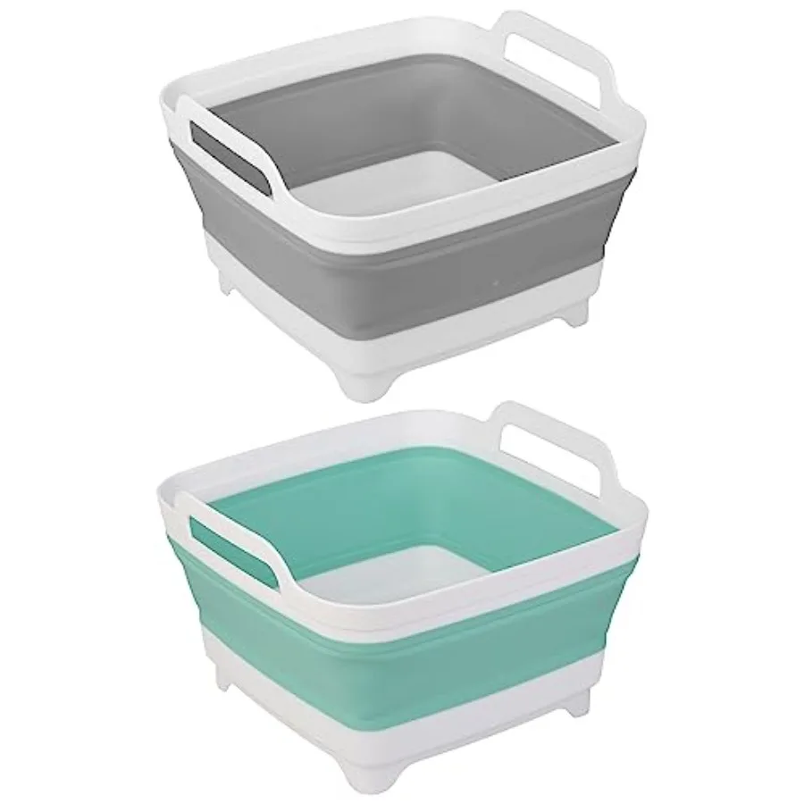 

2 Pack Dishpan for Washing Dishes, 2.4Gal/9L Wash Basin with Draining Plug Carry Handles, Collapsible Bucket for Cleaning, Port