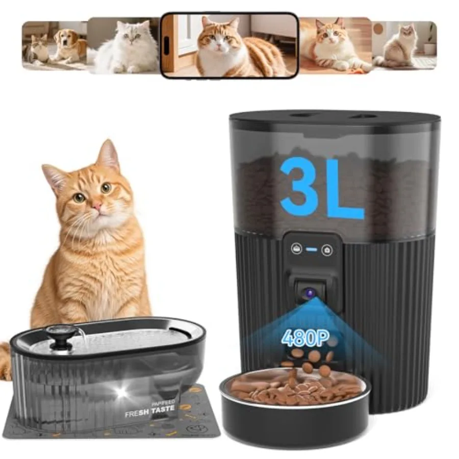 

Automatic cat feeder and water fountain for indoor use, stainless steel, silver, WiFi-enabled with camera, app control, quiet