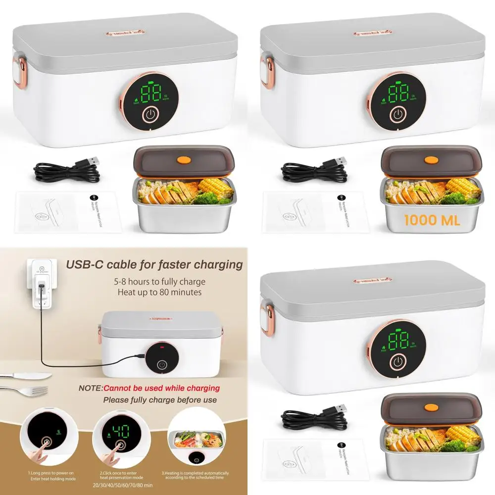 

1L Battery-Powered Lunch Box with Automatic Heating, 16000mAh Rechargeable Battery, Ideal for Car, Office, Travel, Picnic & Outd