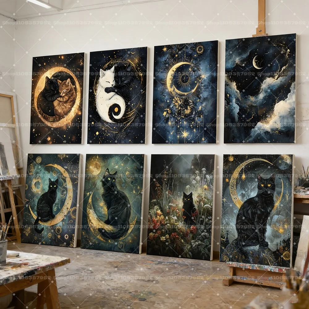 Mystical Black Cat Moon Canvas Wall Art Witchy Celestial Vintage Classic Posters Prints Bedroom Living Room Home Decor Pictures