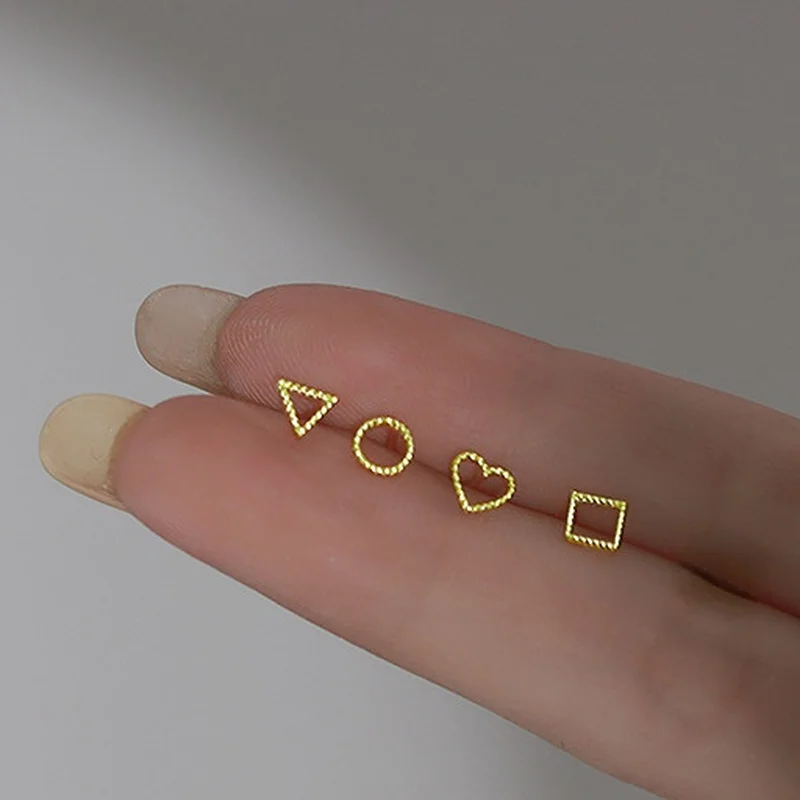 Pendientes minimalistas de Plata de Ley 925 o chapado en oro de 18 quilates, pequeño círculo hueco, corazón, triángulo, pendiente cuadrado para mujeres y niñas