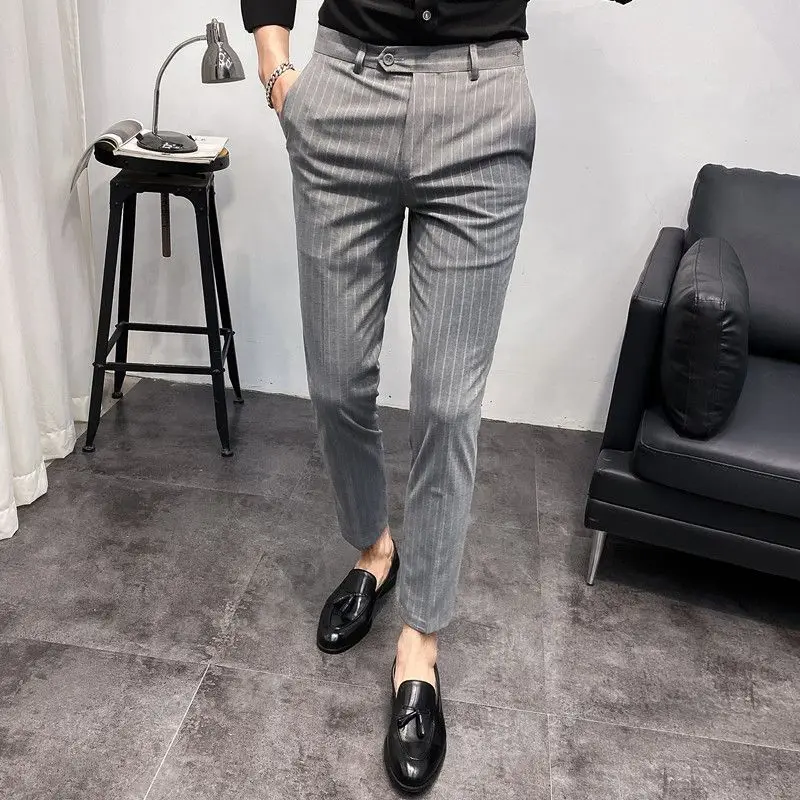 

2023 Spring Summer Men's Casual Stripe Pants Suit Pant Slim Fit Work Elastic Waist Jogging Trousers Male Plus Size G141