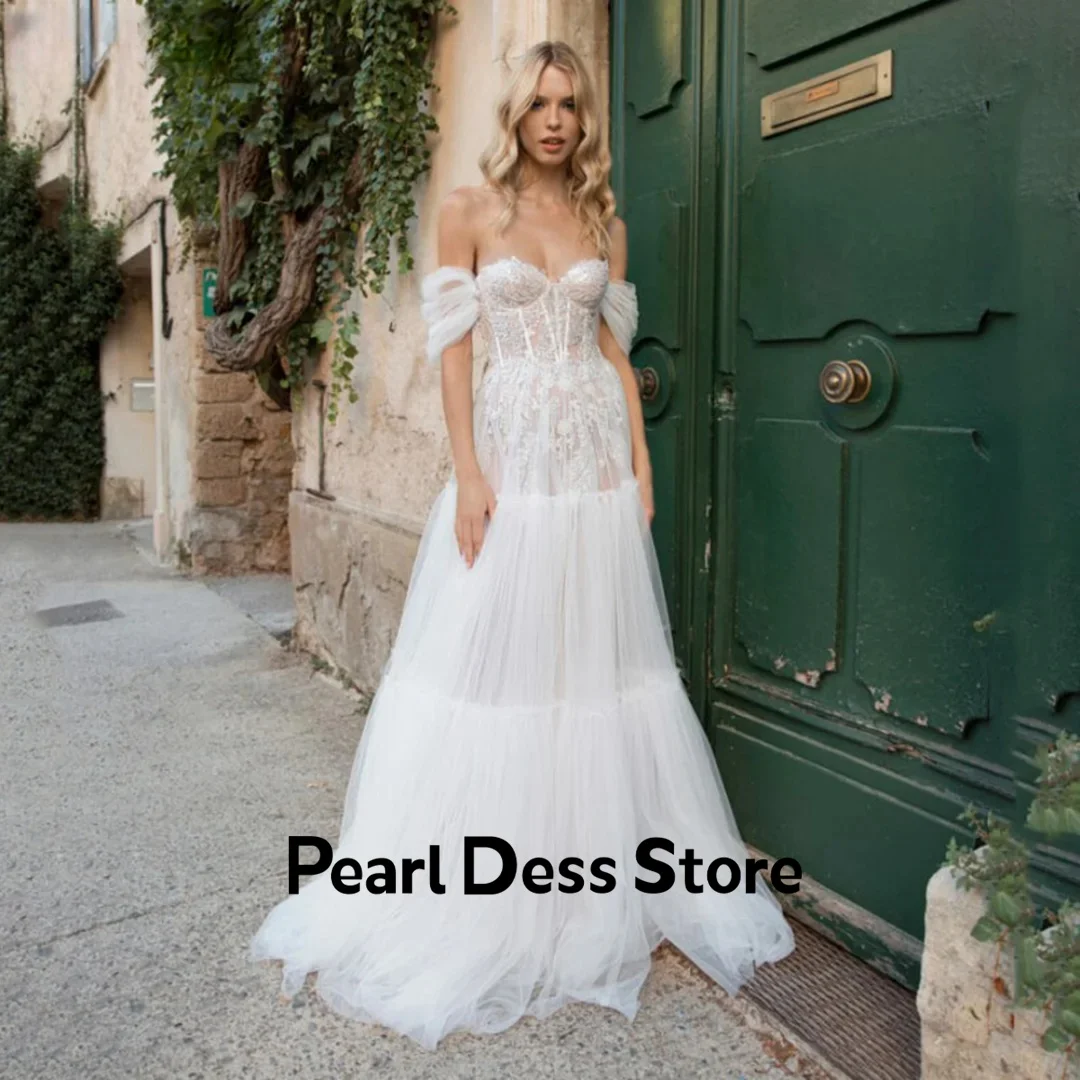 

Chic 2024 Off the Shoulder Lace Tulle Wedding Dress Beaded White Customized Women's Evening Dress