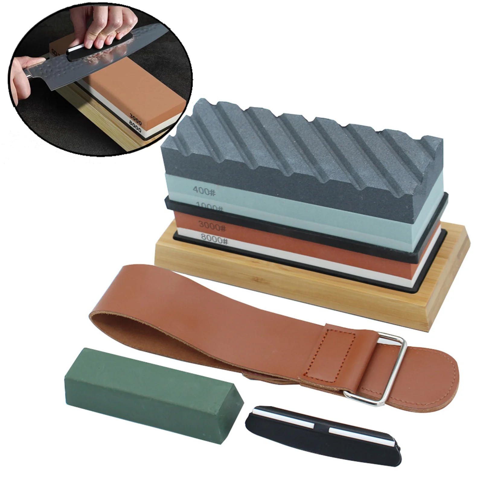 

Профессиональный набор камней для заточки ножей, зернистость 400/1000, 3000/8000, нескользящая бамбуковая основа, двухсторонний точильный камень для ножей, угловая направляющая