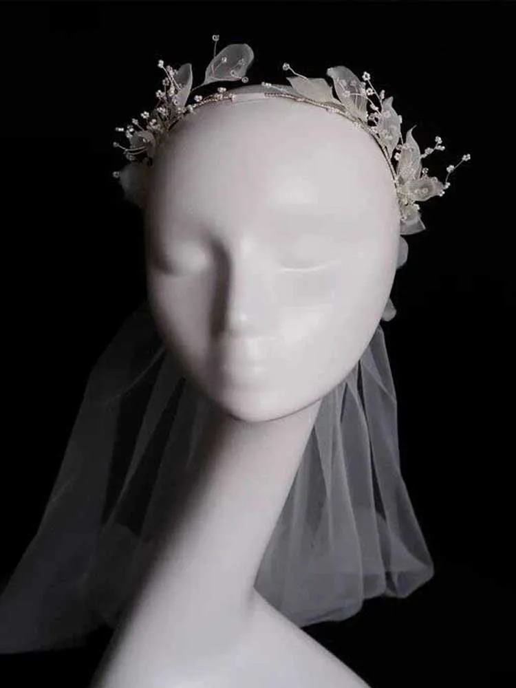 Wedding Veil French Style Beaded Leaf Tulle Head Accessories