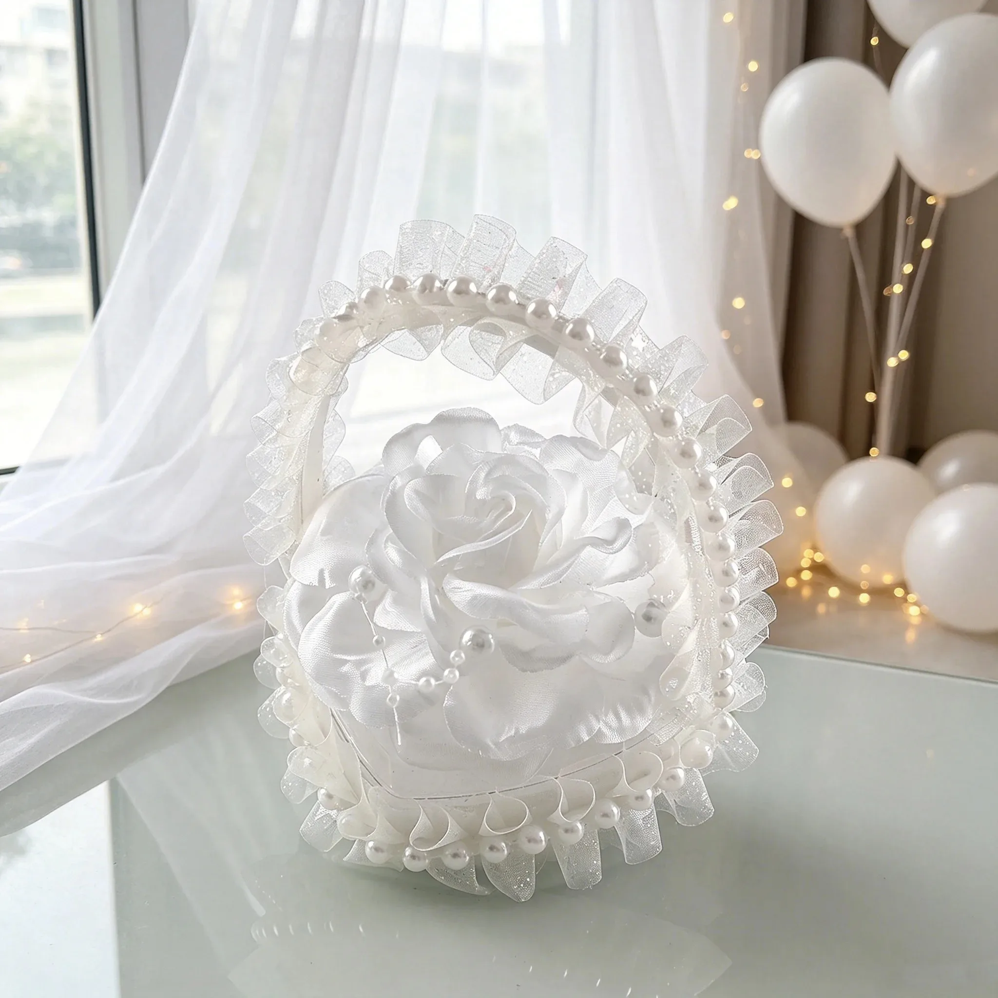 White Satin Heart Flower Girl Basket with Large Satin Rose, Pearl Beaded Handle and Ruffled Tulle Trim, Wedding Petal Basket