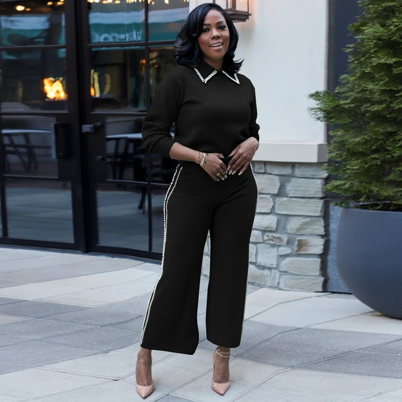 

STYLISH LADY Elegant Pearl 2 Piece Set Women Long Sleeve Blouse and Wide Leg Pant Sets 2025 Autumn Black Club Party Outfits