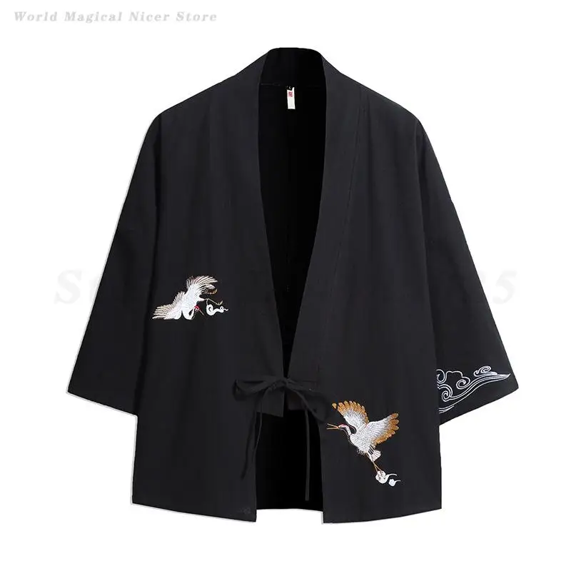 Masculino feminino quimono cardigan guindaste bordado haori harajuku japonês quimono jaqueta samurai traje oversize yukata roupas asiáticas