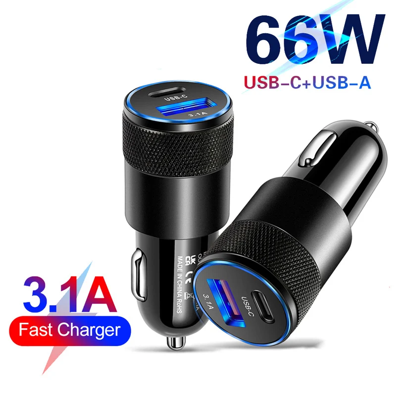 66W Car Type C Charger Fast Charging PD Car Quick Charge 3.0 Charger For Huawei P50 P40 P30 POCO M4 M3 Redmi Note 11 10 9 8 Pro