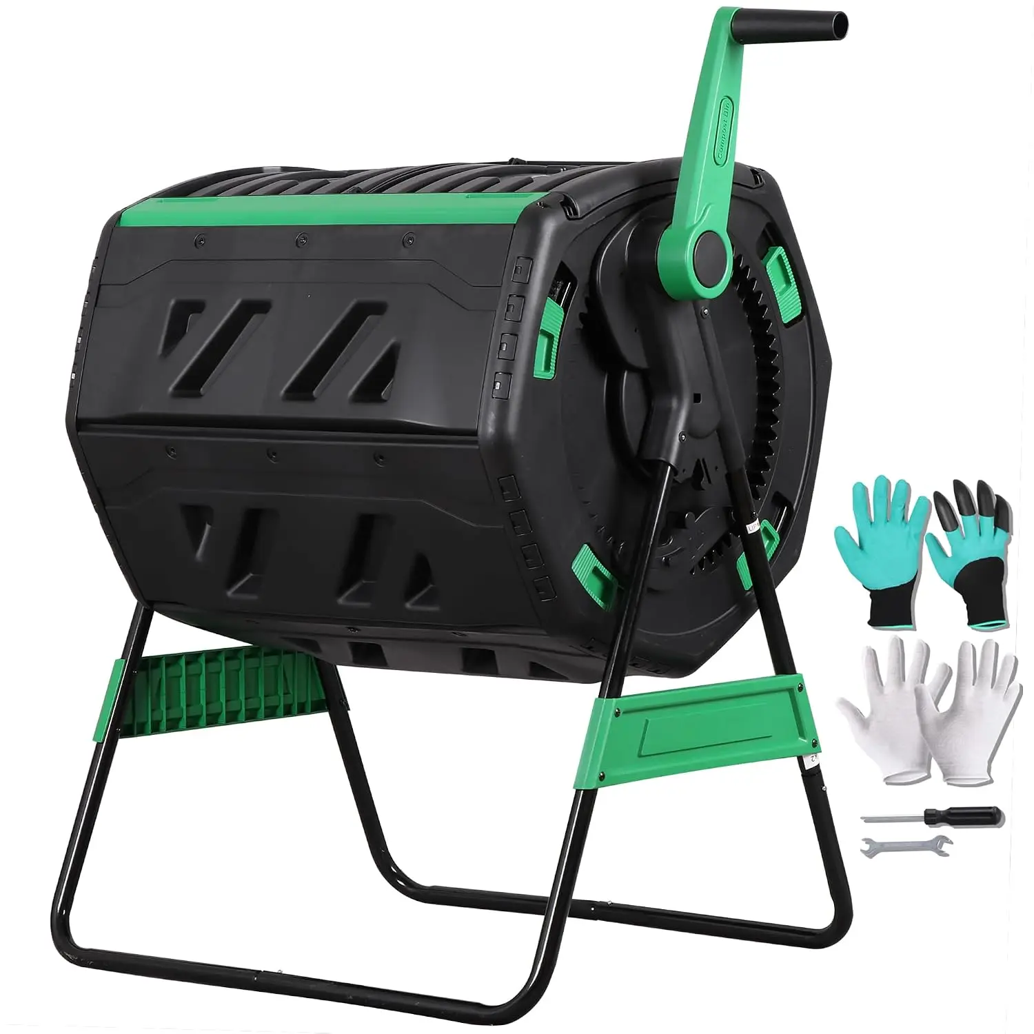 53-Gallon Dual Chamber Compost Tumbler, Outdoor Compost Bin with 360° Hand Crank & Adjustable Aeration, Includes Gloves & Tools