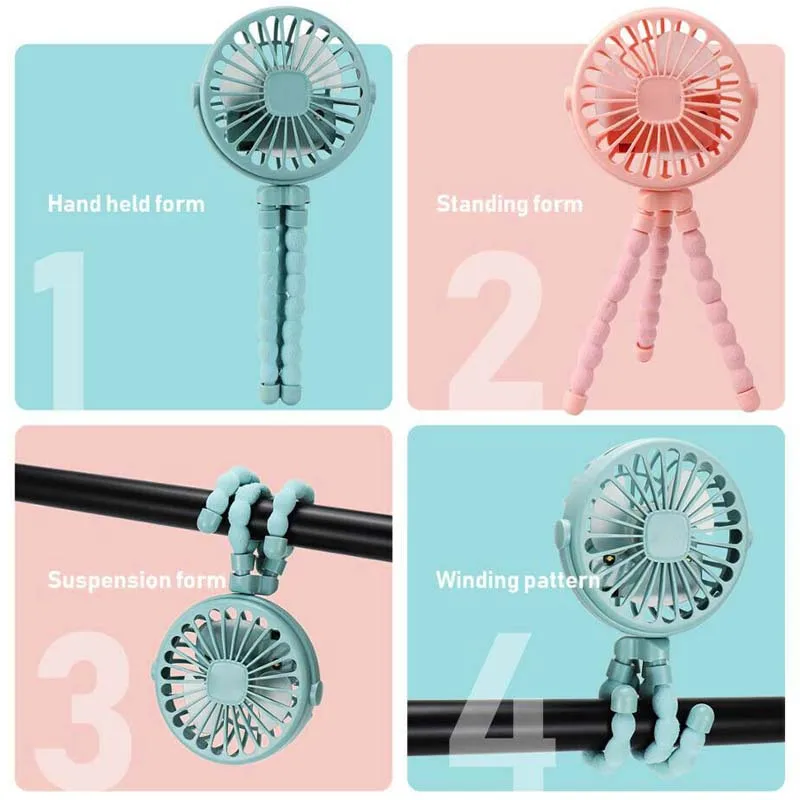 kids Stroller Portable Fan Outdoor Fan Clip 600mAh USB Rechargeable Handheld Electric Fan 3 Speeds Baby Deformable Stroller Fan