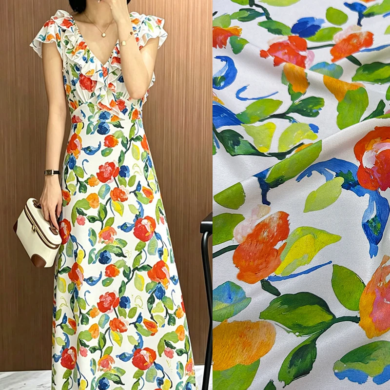Colorful Floral Printed Stretch Silk Crepe de Chine Fabric for DIY Sewing Summer Dress Pajamas White Silk Fabric FR7035