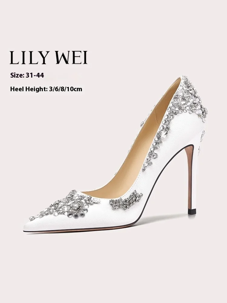 

Тонкие свадебные туфли на высоком каблуке, новые весенние остроконечные туфли из шелковой кожи со стразами, банкетные женские туфли большого размера, маленького размера