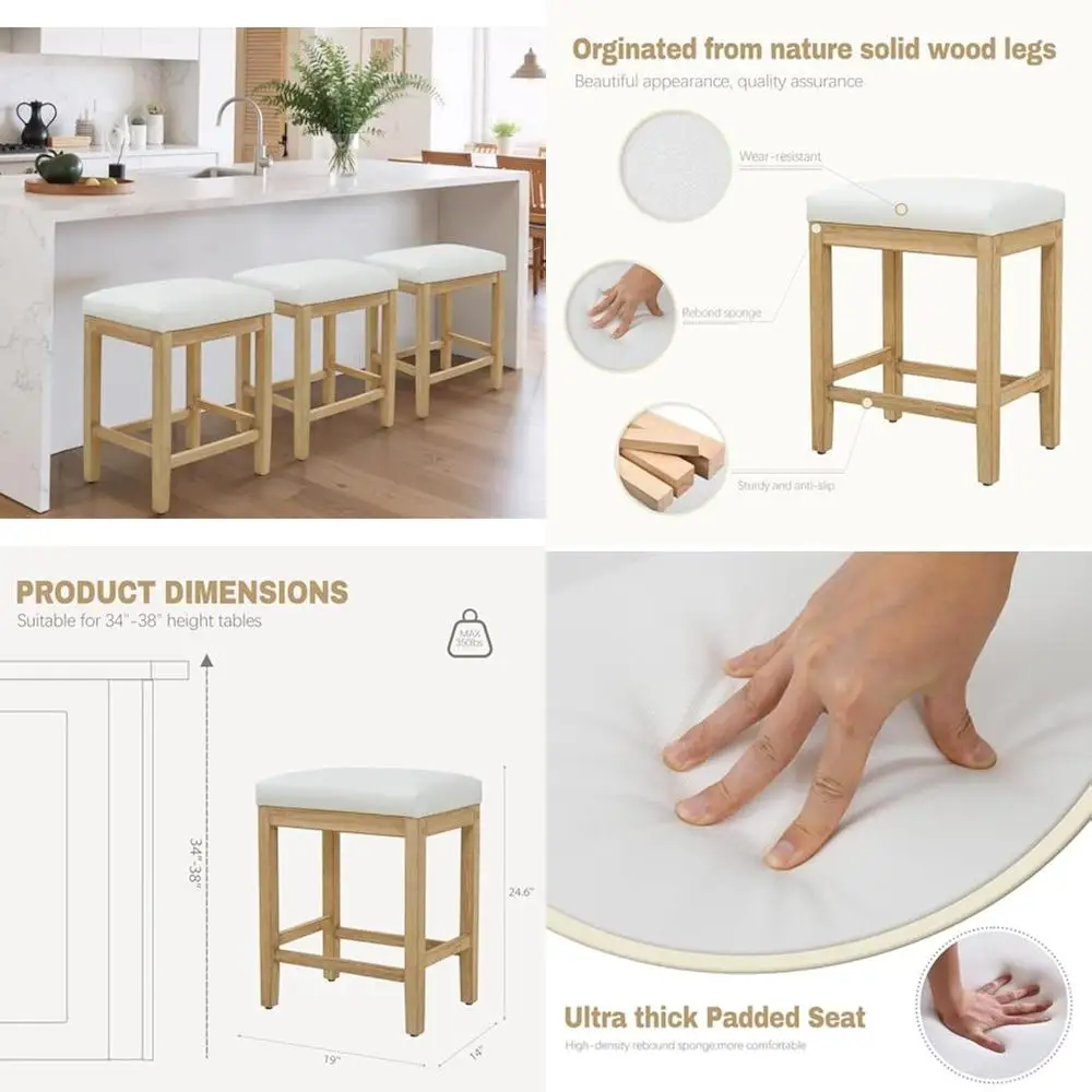 Set of 3 White Kitchen Counter Stools, Farmhouse Style, Modern Backless with Faux Leather Seat