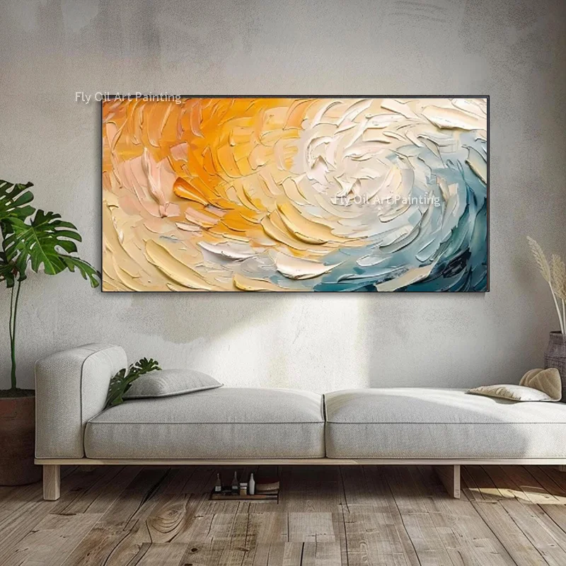 Handpainted Lareg Colorful Abstract Oil Painting Orange Yellow Blue White Color Mix Thick Canvas Wall Art For Living Room Decor