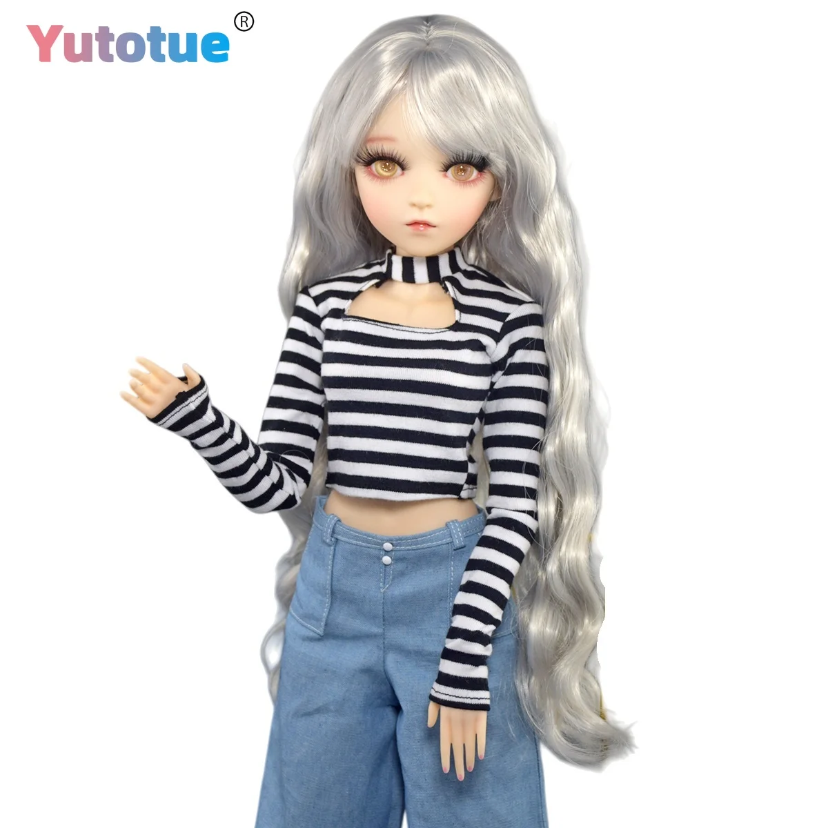 YUTOTUE 60cm Height Girl Doll Gold Eyes T-Shirt Pants Shoes Silver Curly Wig Assemble Finished 1/3 Scale BJD Toy
