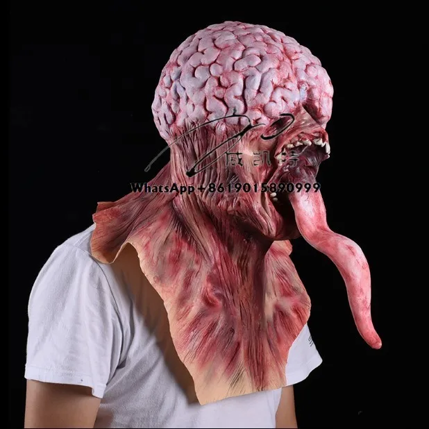 

Human latex mask hood halloween tongue sticking out big hood breathable horror haunted house secret room outfit