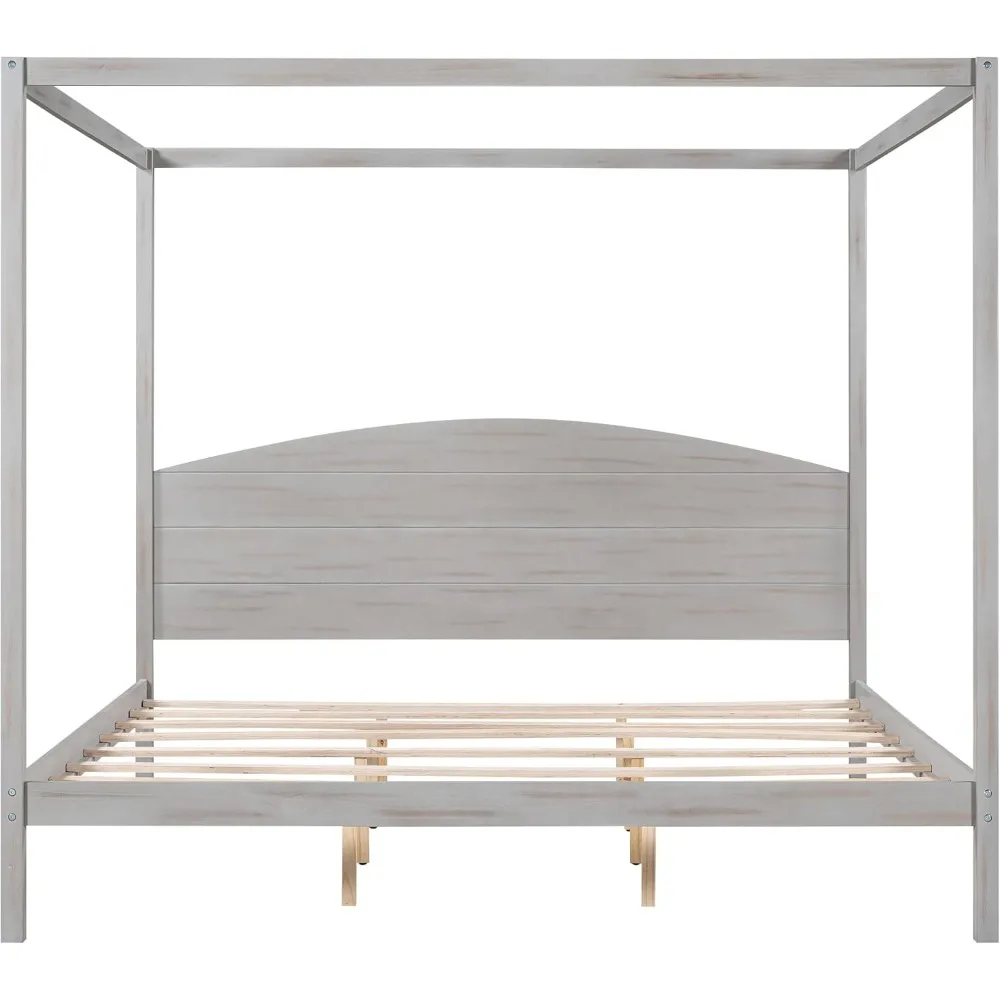 King Size Merax Wood Canopy Bed with Headboard, 8 Support Legs, Textured Classic Design, Squeak Resistant, No Box Spring Needed