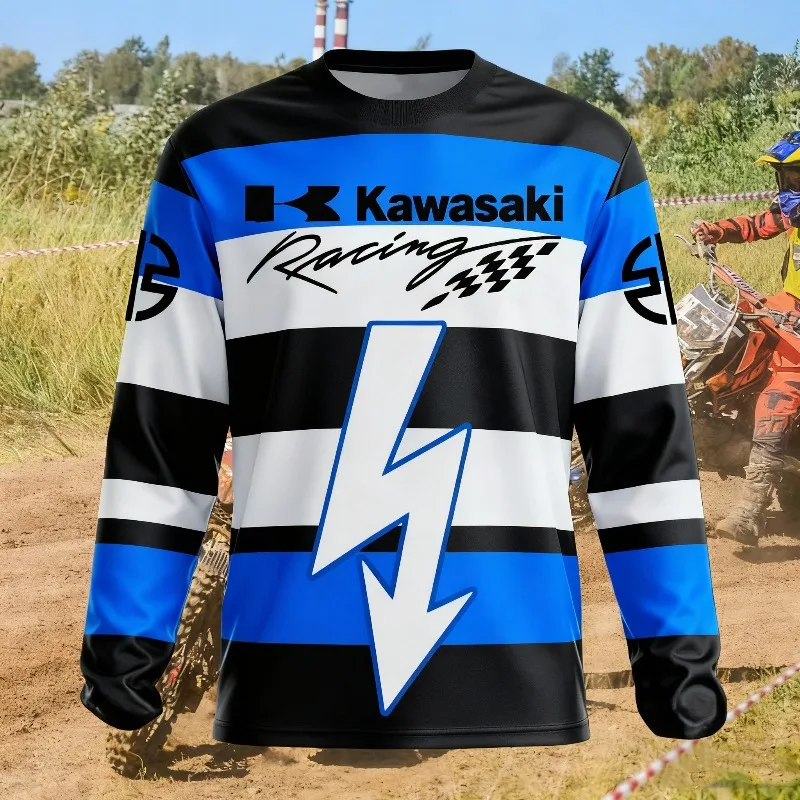 

Kawasaki 3D Printed Long Sleeved T-shirt, Off-road Motorcycle Cycling Shirt, Dirt Resistant and Breathable Quick Drying Top