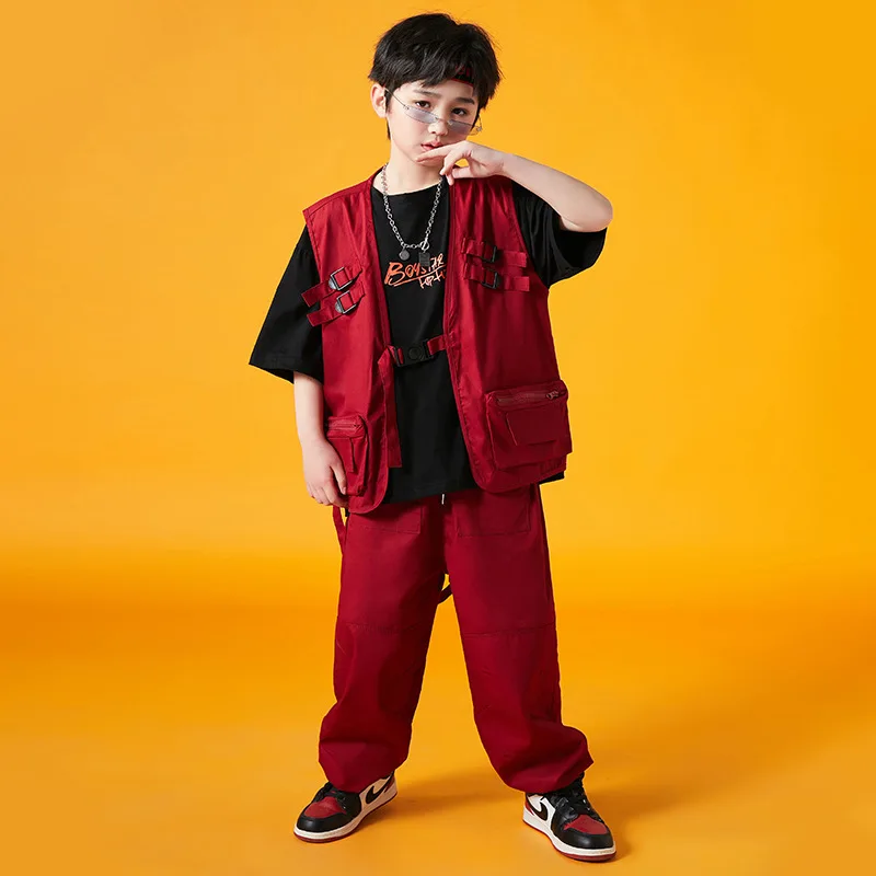 Monos para niños de 4 a 15 años, traje de chaleco rojo, pantalones de Hip Hop para niños, traje de chaleco rojo de moda de baile Jazz para niñas