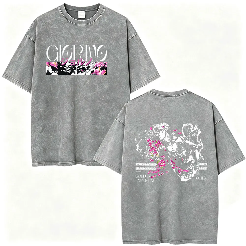 Anime Jojo Bizarre Adventure Killer Queen Giorno Giovanna Vintage Washed T Shirt Men Casual Oversized Short Sleeves T-shirt Tops view 2