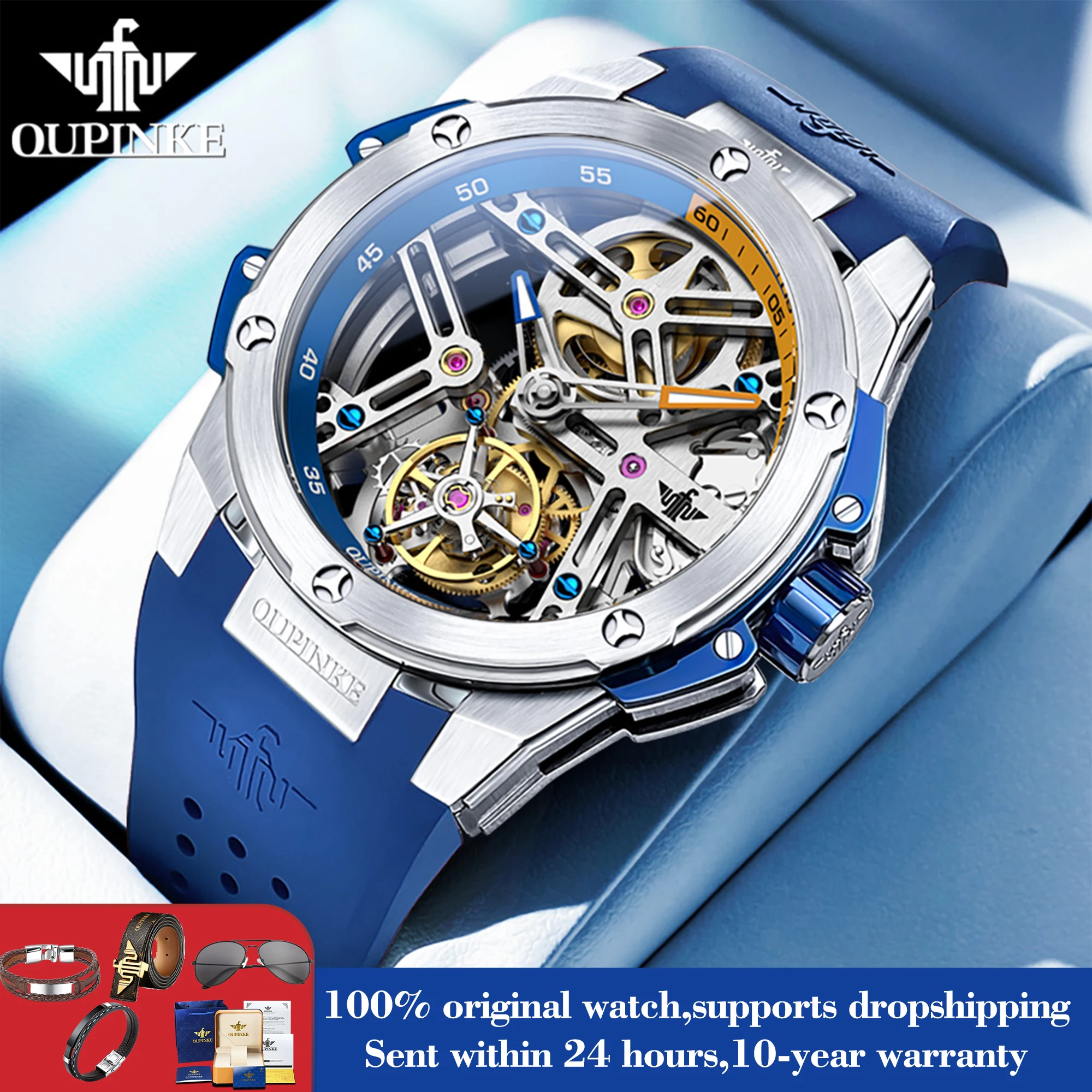 OUPINKE 8003 Tourbillon Hollow Mechanical Men Watch 45mm Big Dial Fashion Waterproof Watch For Men Luminous Silicone Man Watches