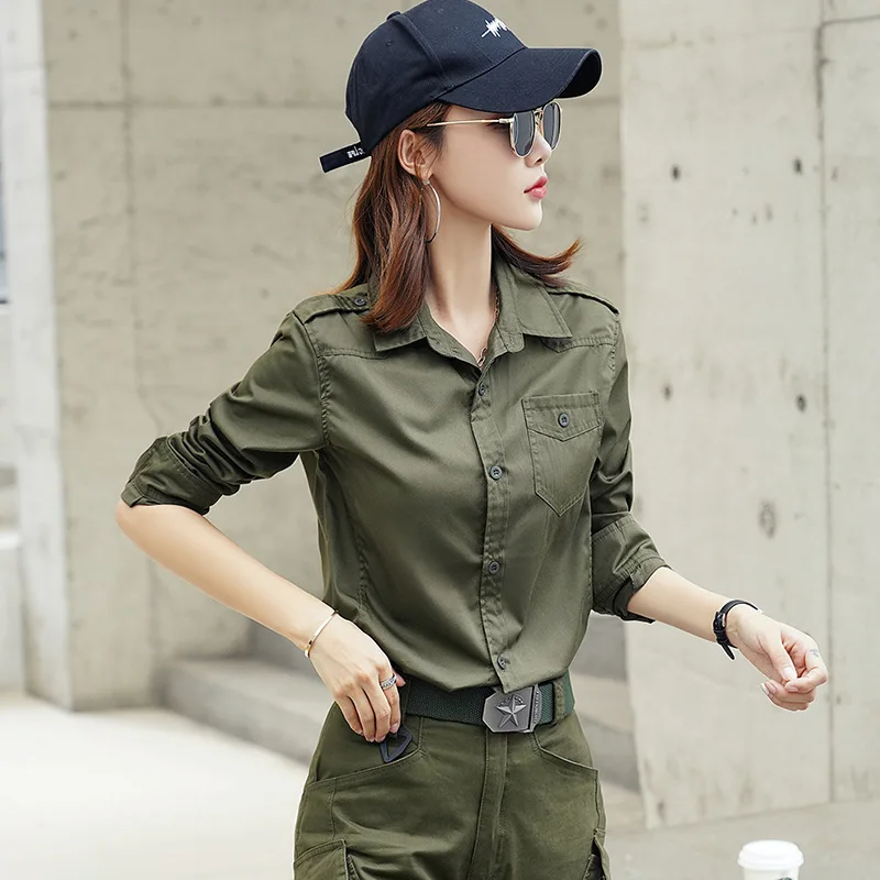 New Women Military Tactical Army Green Shirt Long Sleeve Turn Down Collar Ladies Casual Army Shirts