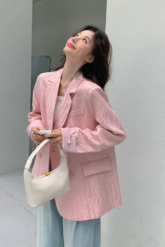 

​​Pink Unique Detail Blazer Women Early Autumn 2025 Chic Sweet Cropped Tweed Jacket Millennial Pink Office to Date​​