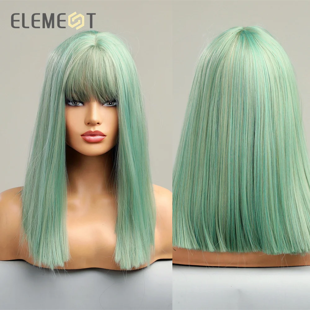 Element Synthetic Straight Green Bob Wigs with Bangs for White Black Women Cosplay Lolita Party Synthetic Blunt Cut Fake Hair