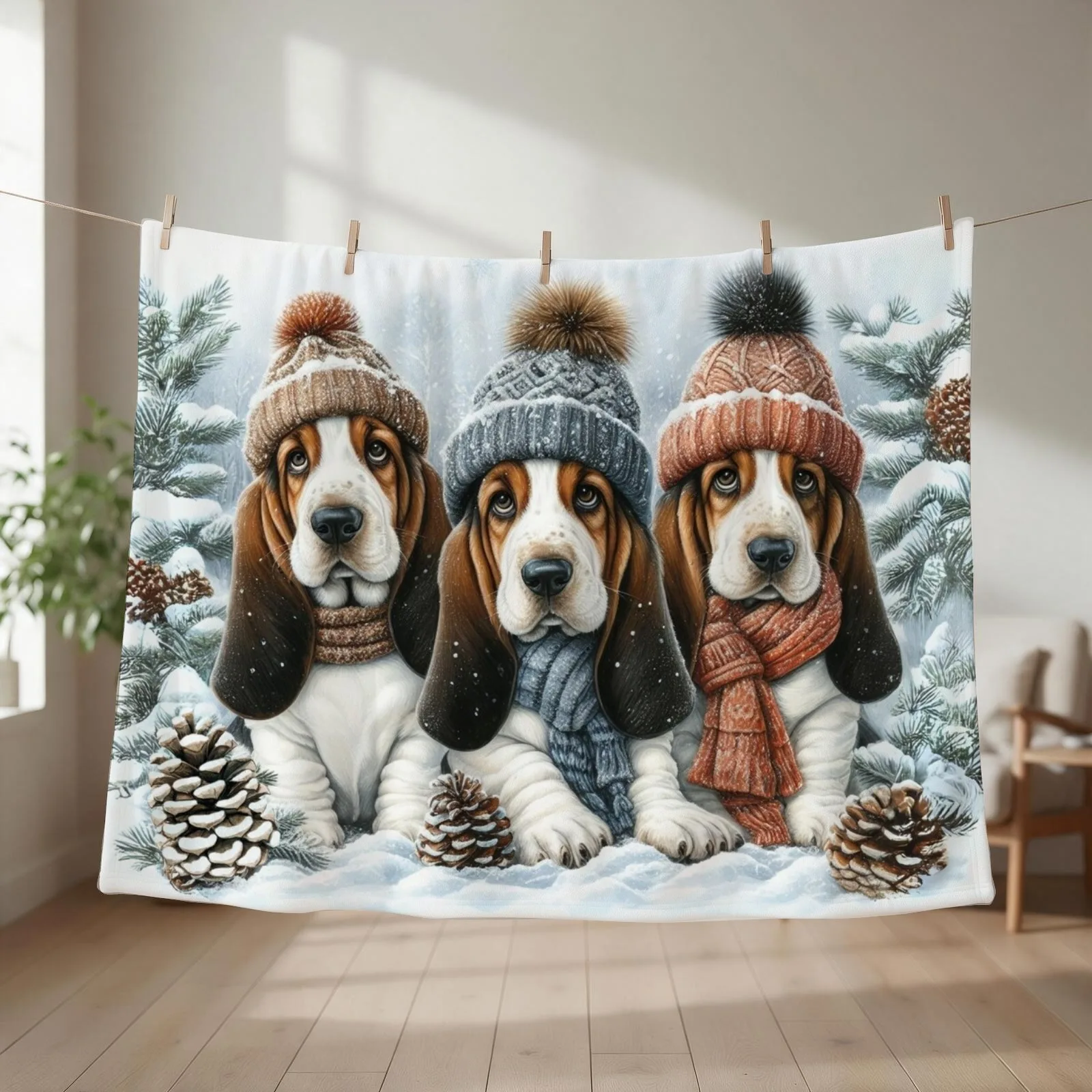 Basset Hound Puppies in Winter Hats and Scarves Throw Blanket couch cozy soft plush fuzzy picnic outdoor blanket