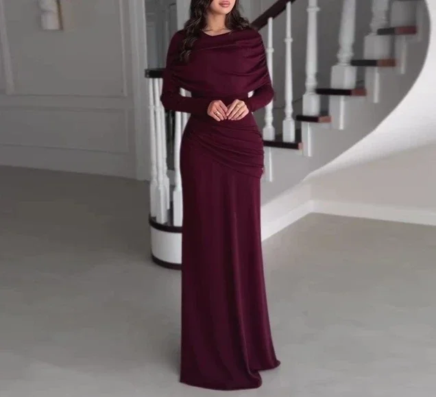 CPSYMYM Damesjurken Lente Nieuwe Ronde Hals Lange Mouwen Elegant Temperament Ruches Taille Cinching Skinny Avond lange Jurk