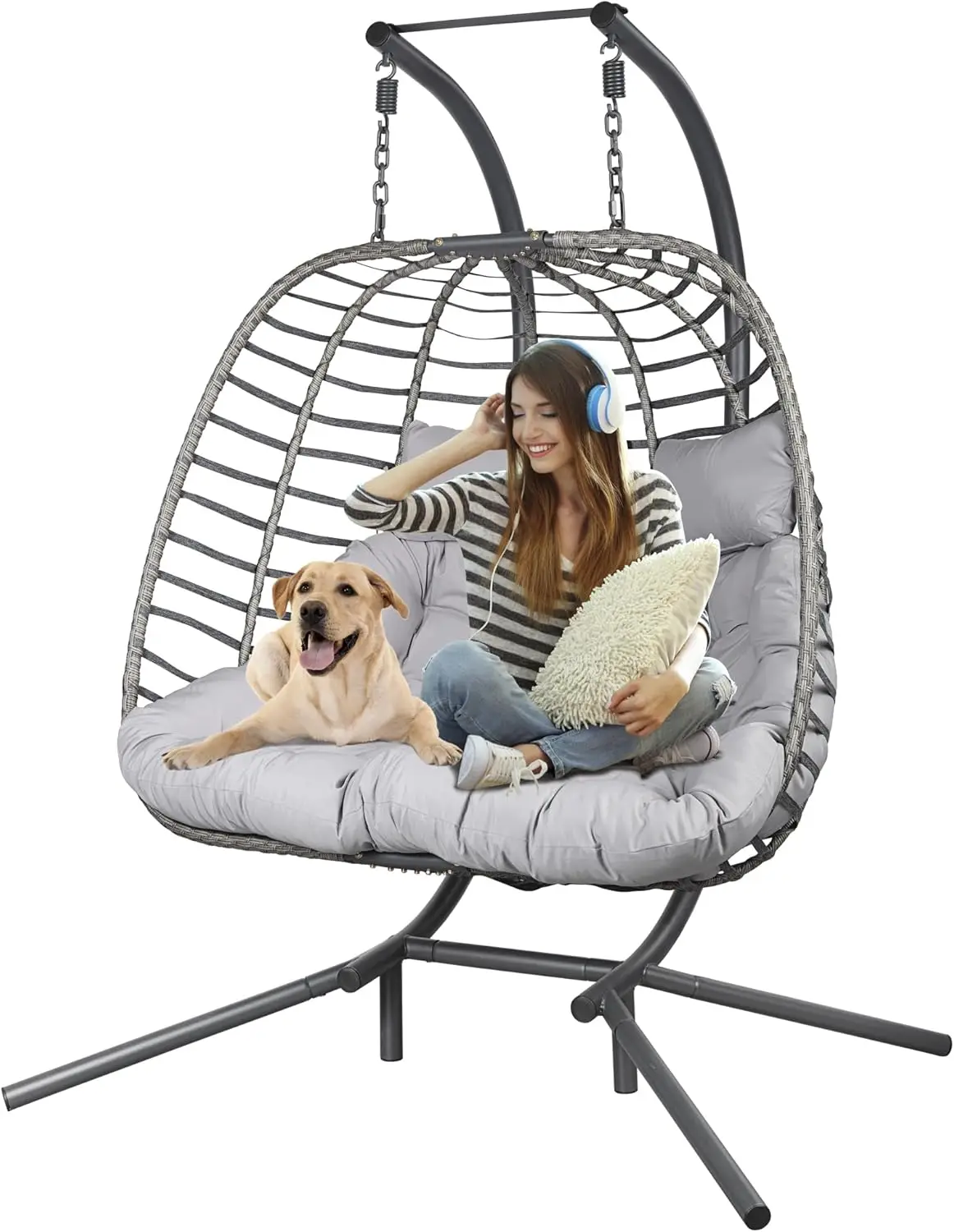 

Double Hanging Egg Chair wth Stand, Patio Hammock Swing Chair with Cushion Loveseat for Bedroom, Balcony, Garden, Indoor, Outdoo