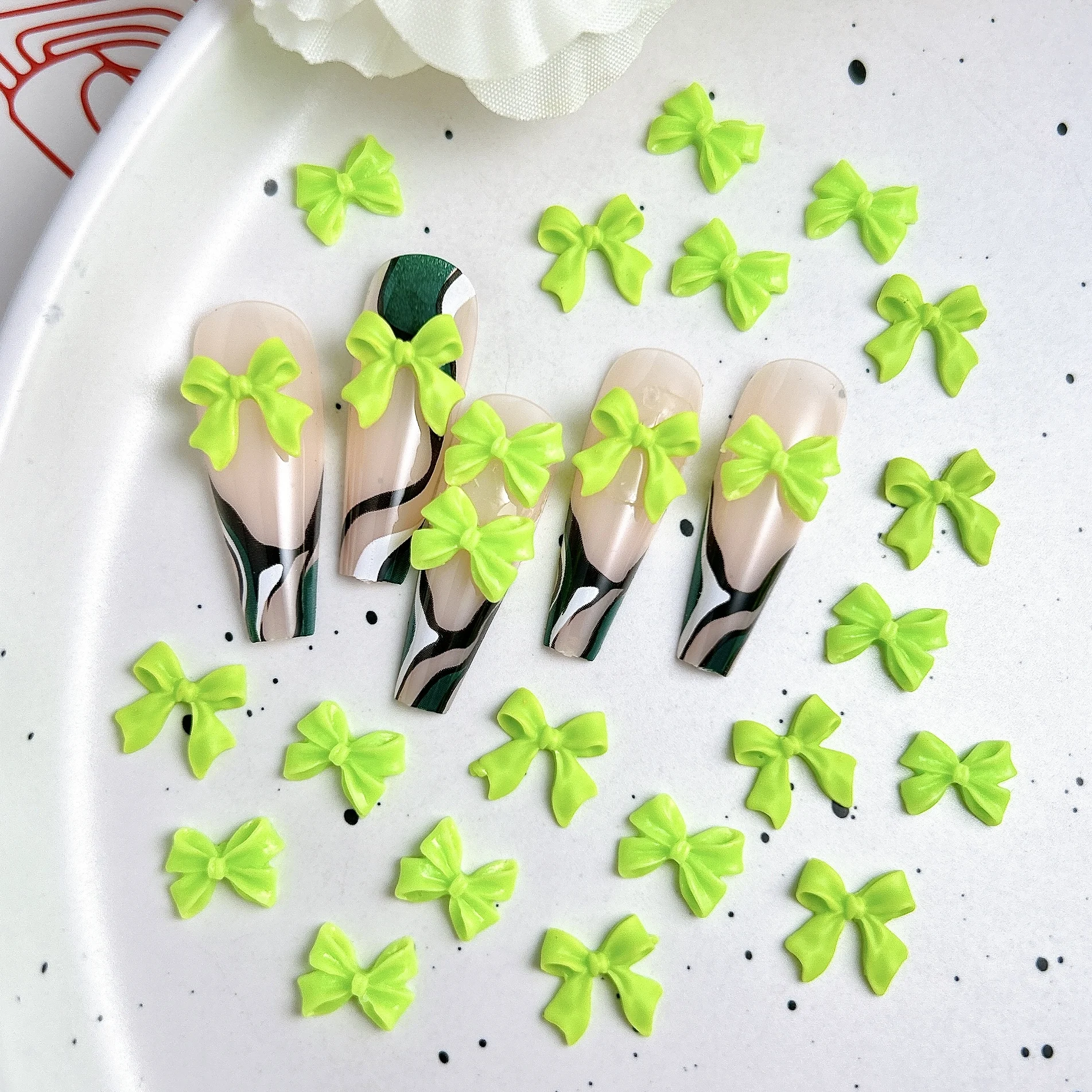 50PCS Fresh Green Ribbon Bow Nail Charms 3D Resin Cute Solid Color Bow Art Accessories for Hair Clip Phone Case Manicure DIY