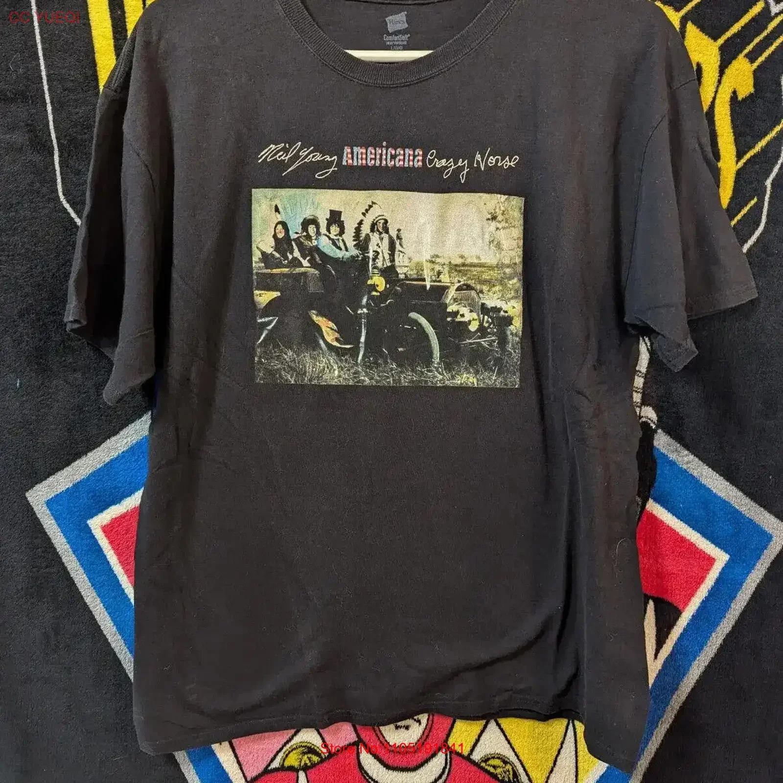 

Черная футболка Neil Young Crazy Horse Americana, размер, большой винтажный потертый слегка графический топ для повседневной носки, мягкий унисекс