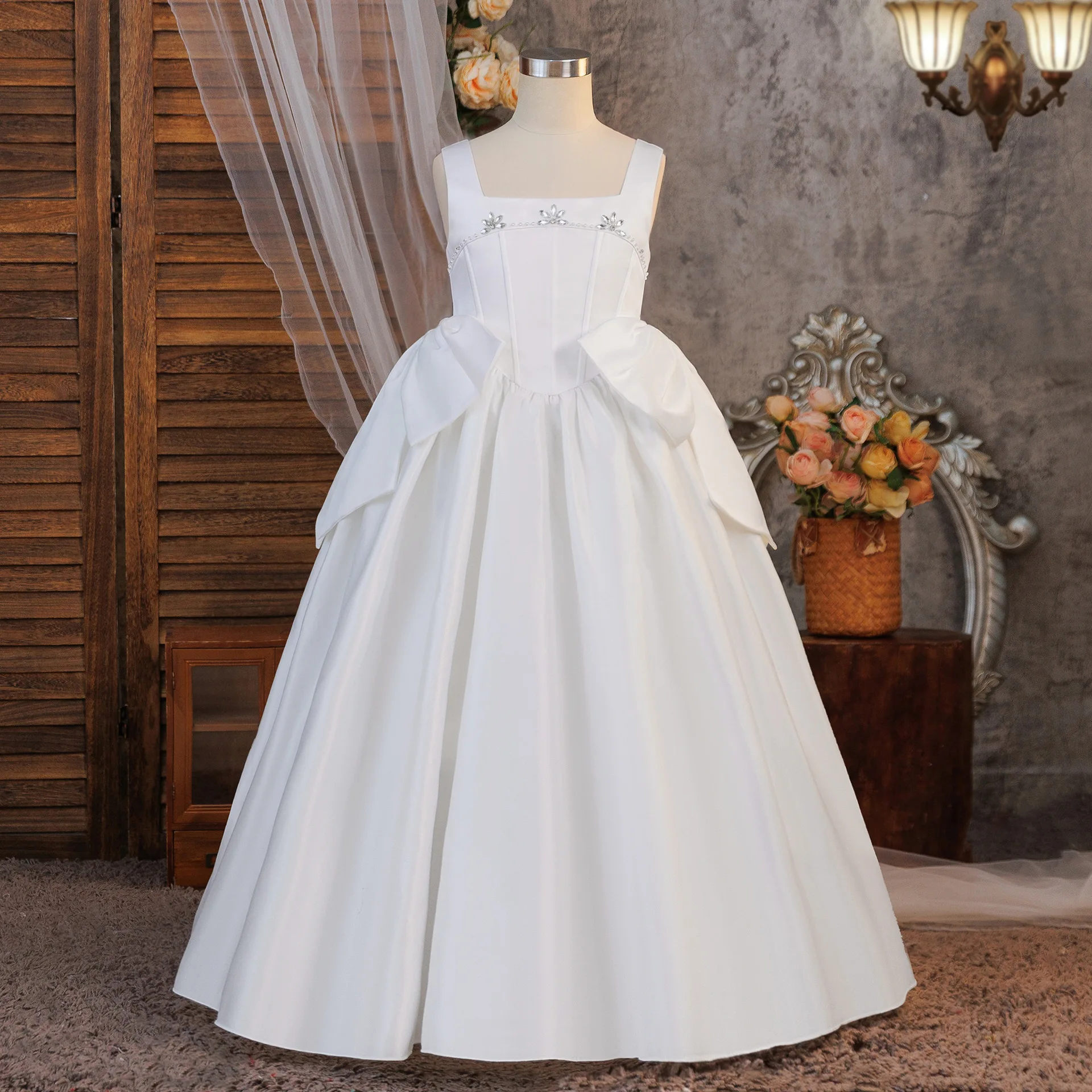 Elegant Baptism Bridesmaids Party Girls Dress Formal Bow Wedding Princess Evening Dresses for Girl Graduation Ceremony Prom Gown