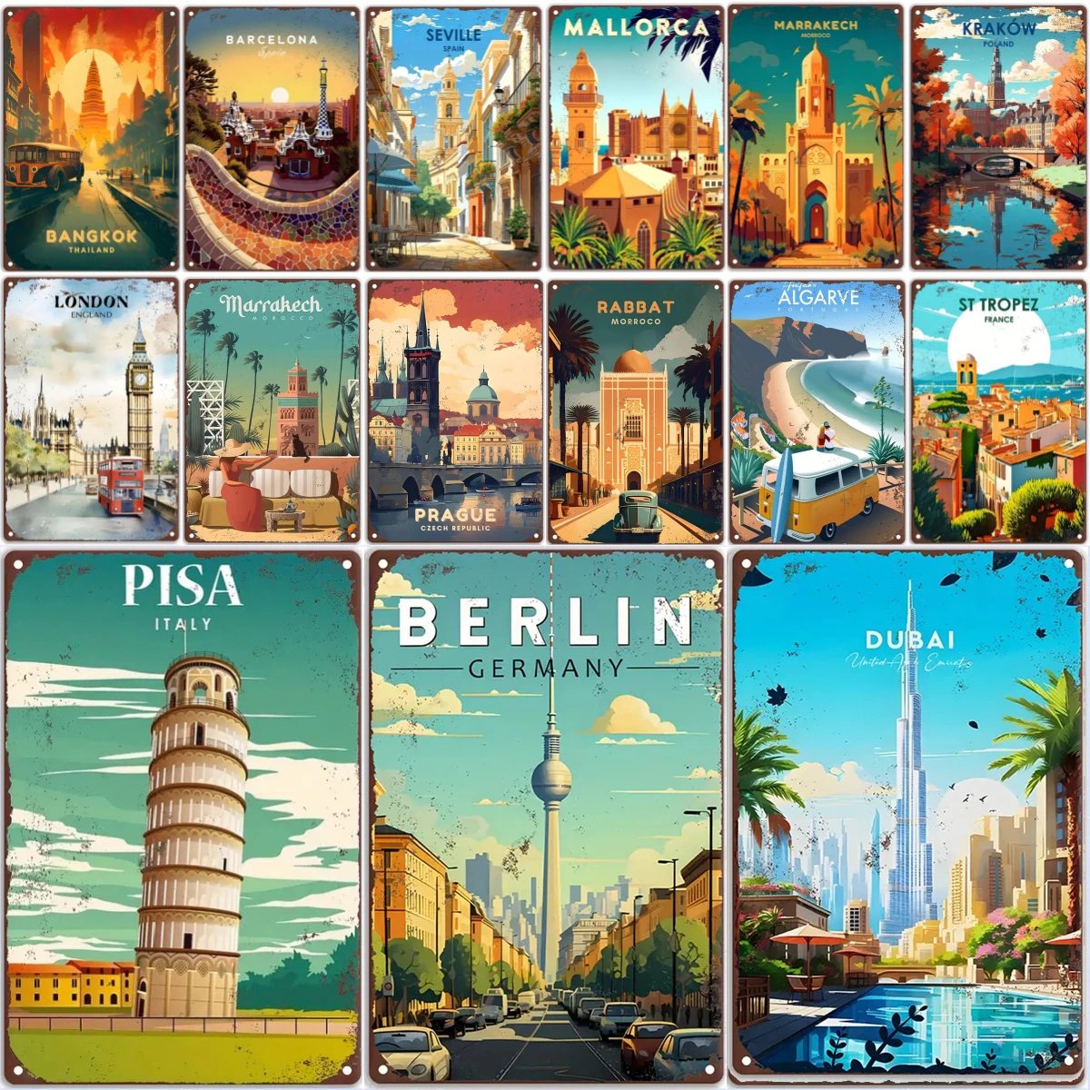 Vintage Travel Round The World Poster,ITALIEN,BERLIN,DUBAI Retro Metallschild.Home,Bar,Room,Hotel,Café,Büro,Club Wanddekoration GIF