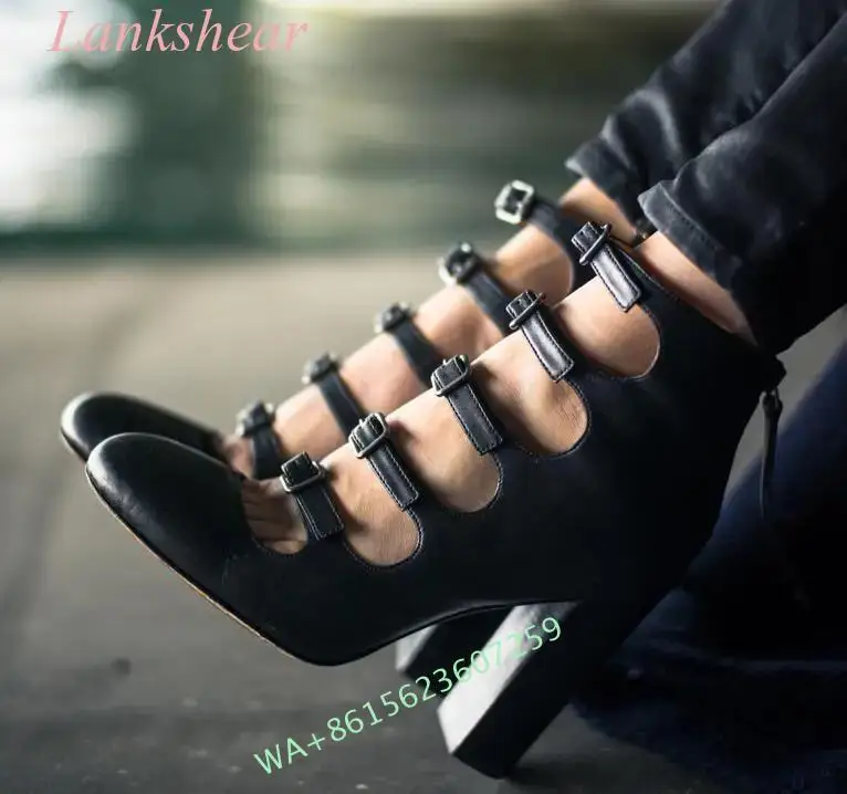 

Women's Hollow High Heel Sandals Wide High Heels Buckle Strap Leather Dress Mary Jane Sandals Sexy Fashion Elegant Shoes