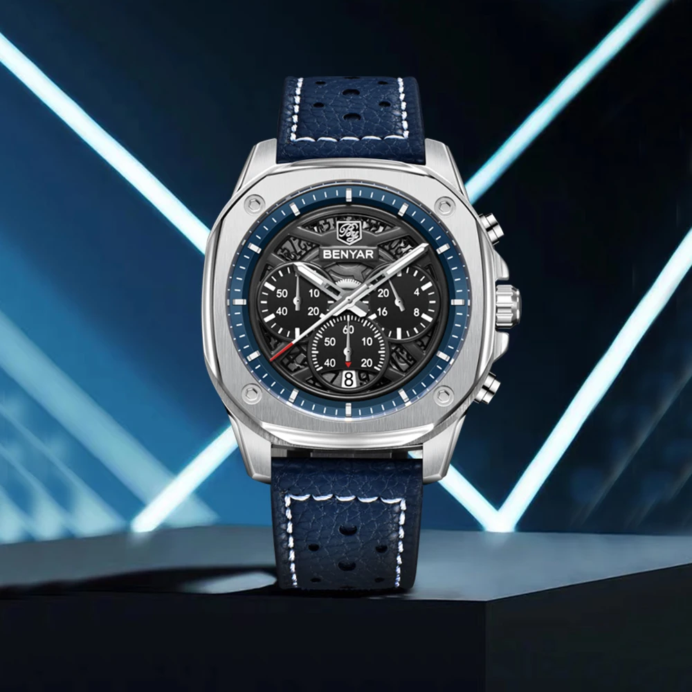 

Новинка 2022, мужские часы BENYAR Hollow, роскошные кварцевые часы для мужчин, хронограф, водонепроницаемые светящиеся спортивные кожаные мужские часы