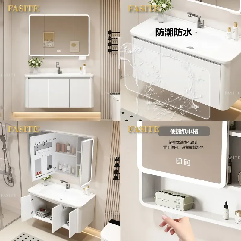 For Bathroom Wall Mounted Smart Mirror Cabinet Waterproof LED Anti Fog Storage Shelf Modern Vanity Unit with Rack Space