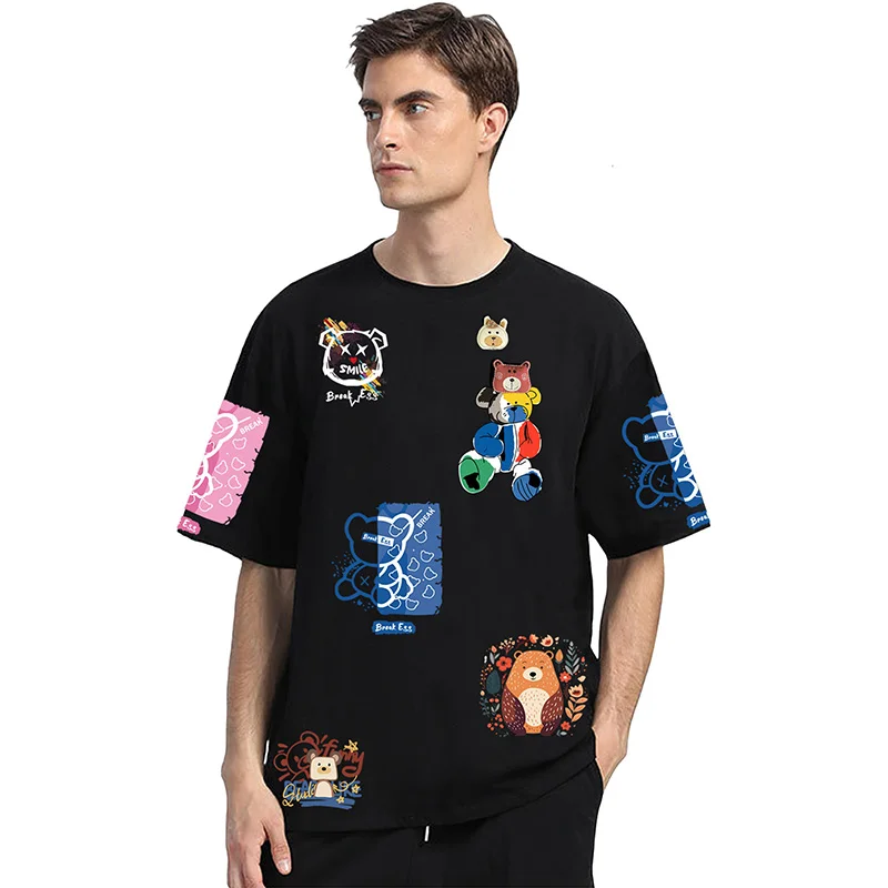 

Men Animal Doll Brooch T-shirt Bear Dog Rabbit Elephant Goose Graphics Printing Cotton Crew Neck Short-sleeved Men Summer Tee