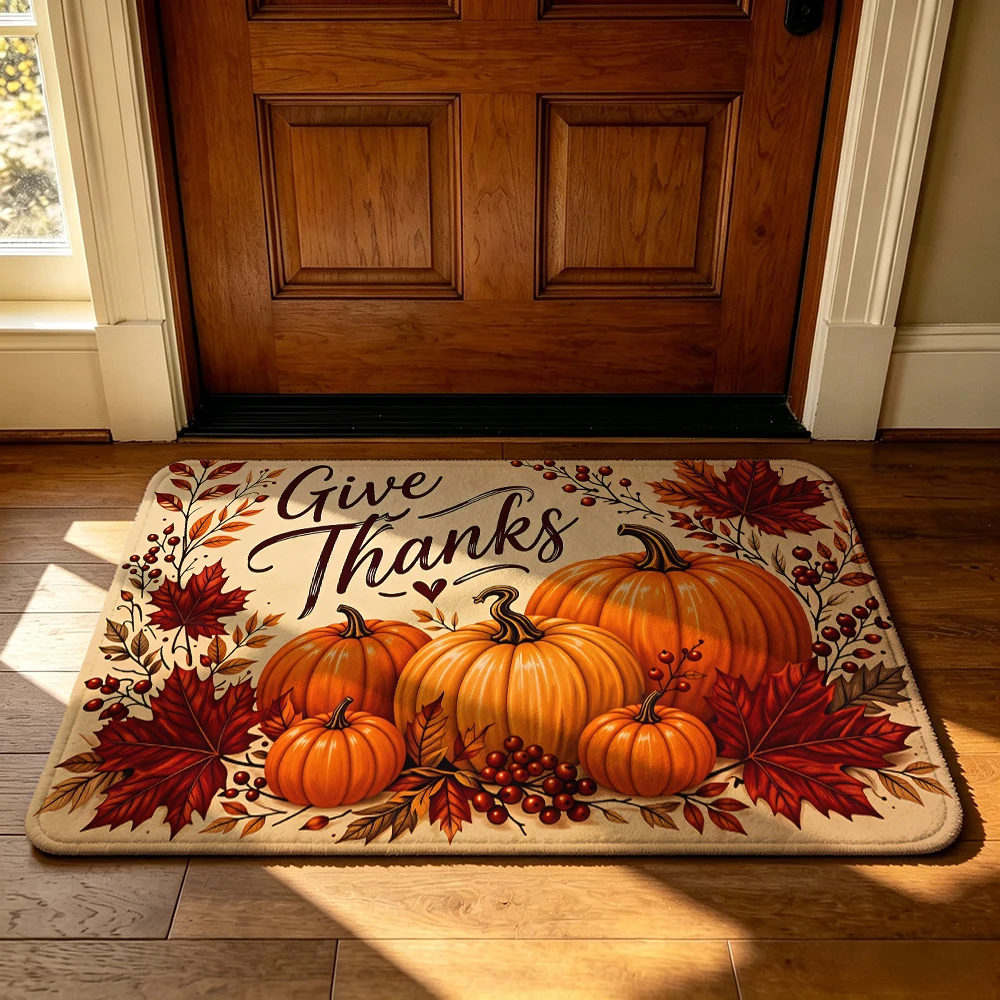 Home entrance water-absorbing floor mat Give Thanks pumpkin and maple leaf autumn decoration illustration home decoration