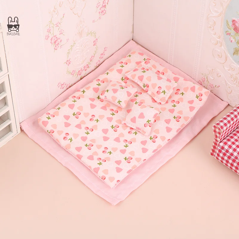 1Set 1:12 Dollhouse Miniature Bed Four Piece Bed Set Bed Sheet Quilt Pillow Four Piece Bedding Set Bedroom Decor Toy