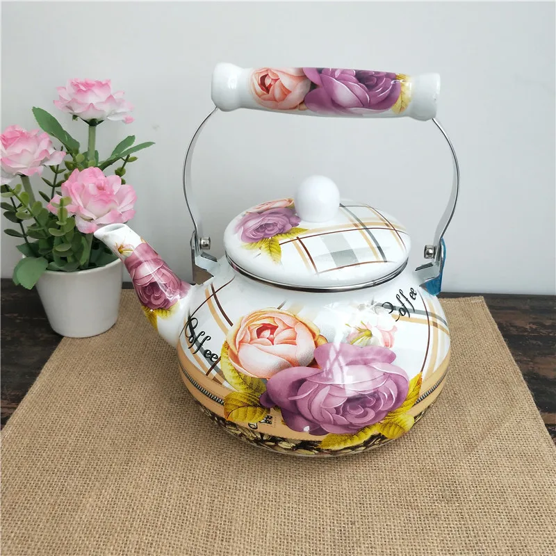 1pcs Chinese-style enamel teapot 2.5L  anti-scald handle, gas stove kettle, pear-shaped floral enamel coffee pot view 4