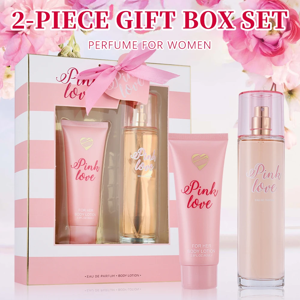 Women's Fragrance Sets 3.4fl.oz Eau de Parfum Spray EDP and 2.8fl.oz Body Lotion Large Set Pink Love 2 Pcs Gift for Women Long