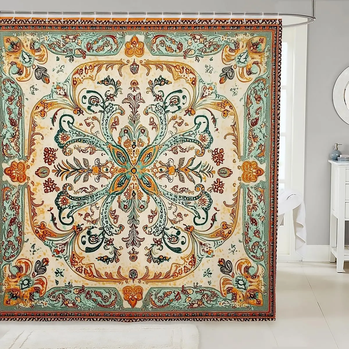 

Boho Vintage Floral Fabric Shower Curtain for Kids Women, Ethnic Bohemian Mandala Waterproof Bathroom Curtains, Retro Flowers