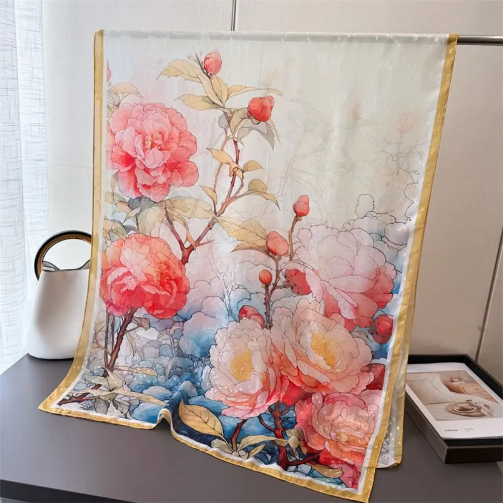 

Fashion 180*70cm Women Silk Scarf Peony Flower Sunscreen Silk Scarves Breathable Luxury Female Shawl Wrap Summer