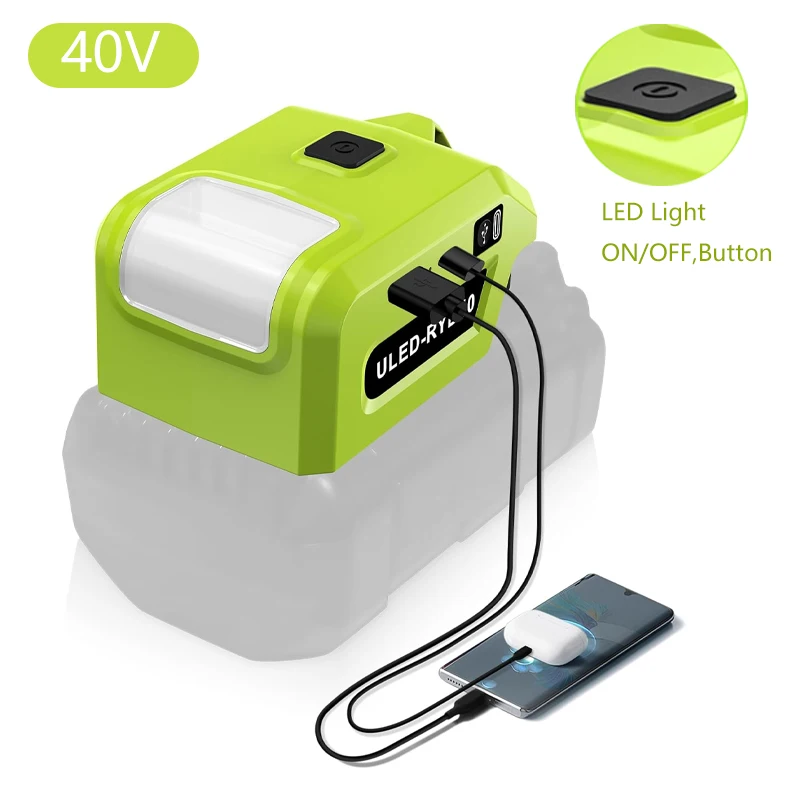 

Адаптер питания для батареи Ryobi 40 В со светодиодной рабочей подсветкой USB/Type-C для держателя батареи Ryobi Адаптер батареи
