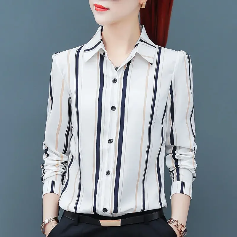 2023 Spring and Autumn Women\'s Polo Button Striped SlimCardigan Bottom Shirt Fashion Casual Elegant Commuter Long Sleeve Tops